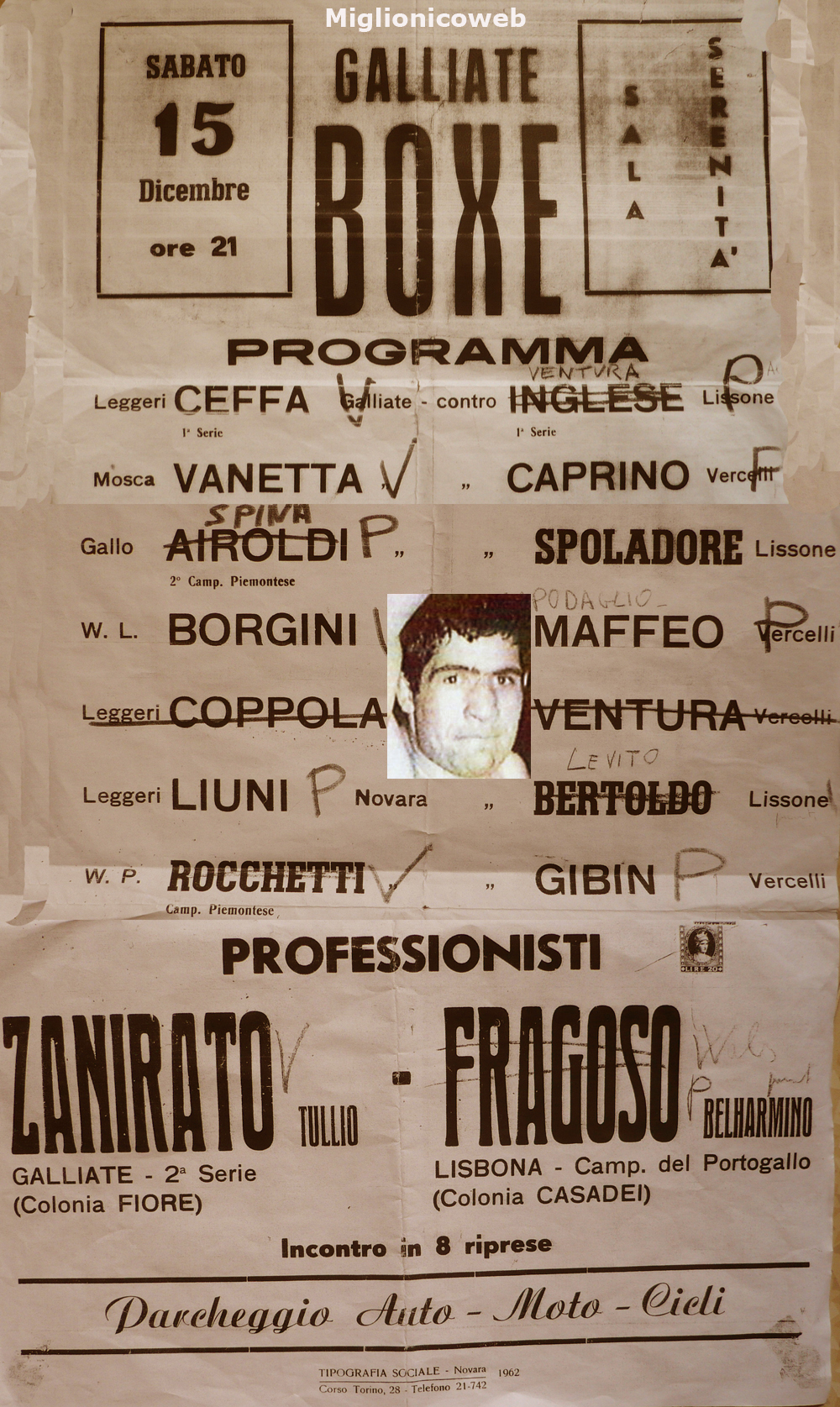 Manifesto dell'incontro di pugilato a Galliate il 75 Dicembre 1962